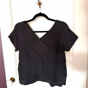 Club Monaco 100% Merino Wool Charcoal Knit V-Neck Sweater off the shoulder